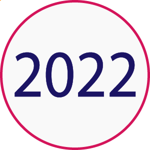 A white circle with a pink rim that has "2022" in the center.